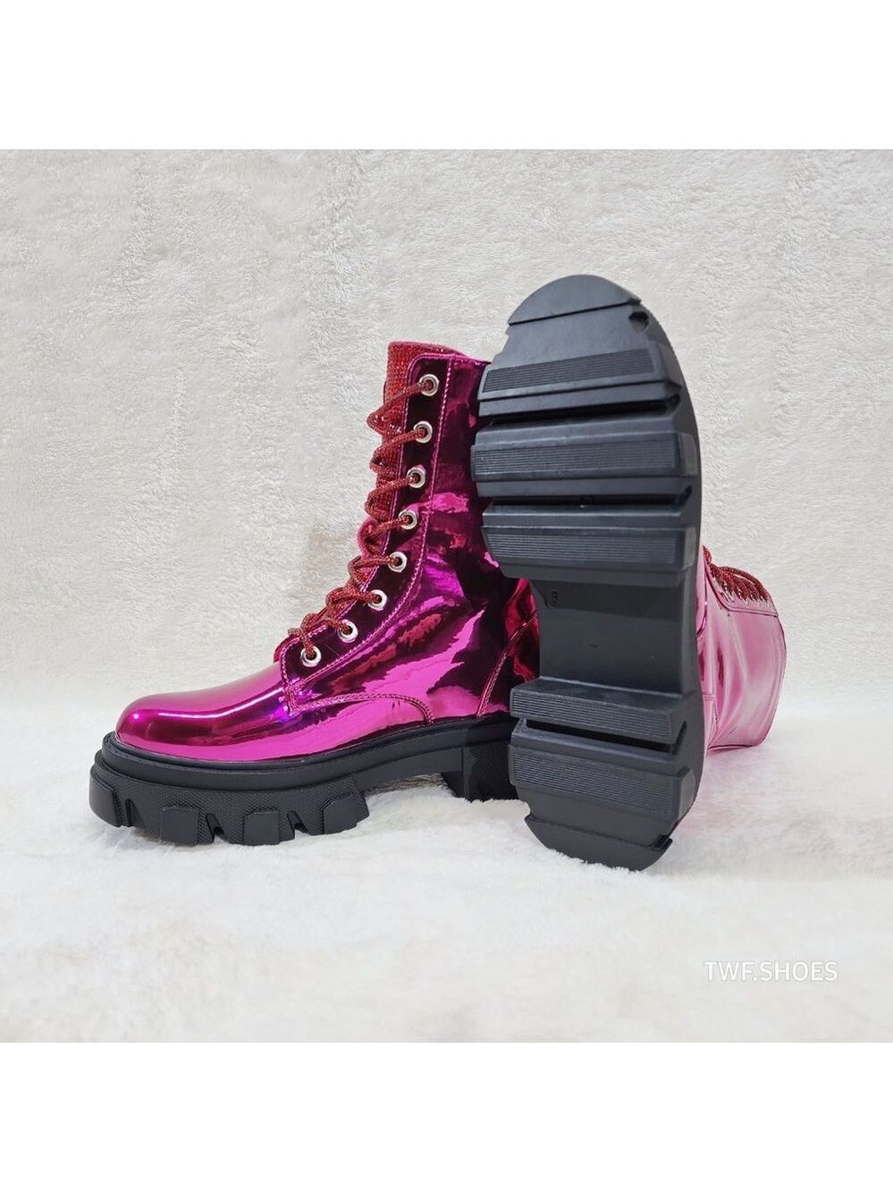 Size 6 Rowan Metallic Pink Combat Ankle Boots Rhinestone Tongue and Rope Lace - Picture 9 of 10